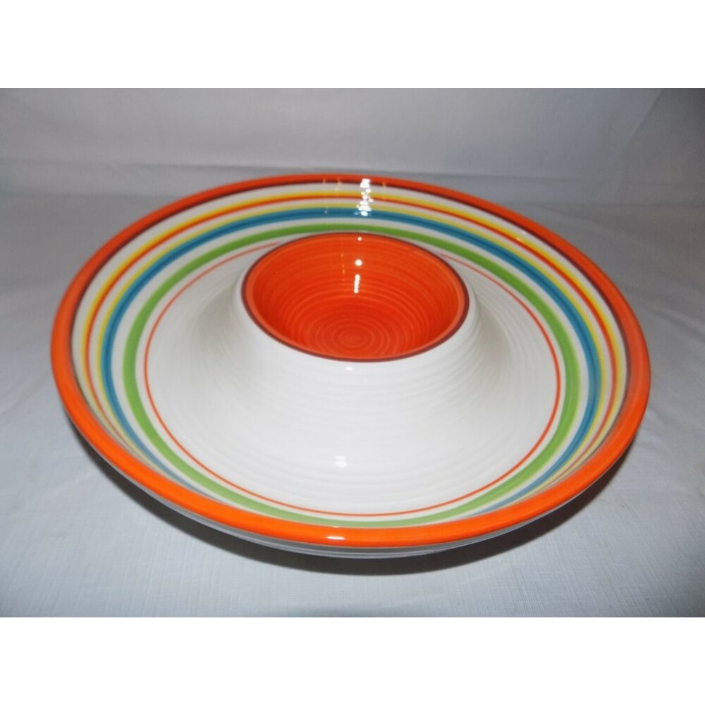 Chip and Dip Fresh Decor Serving Bowl 14" Orange Festive Ceramic Striped